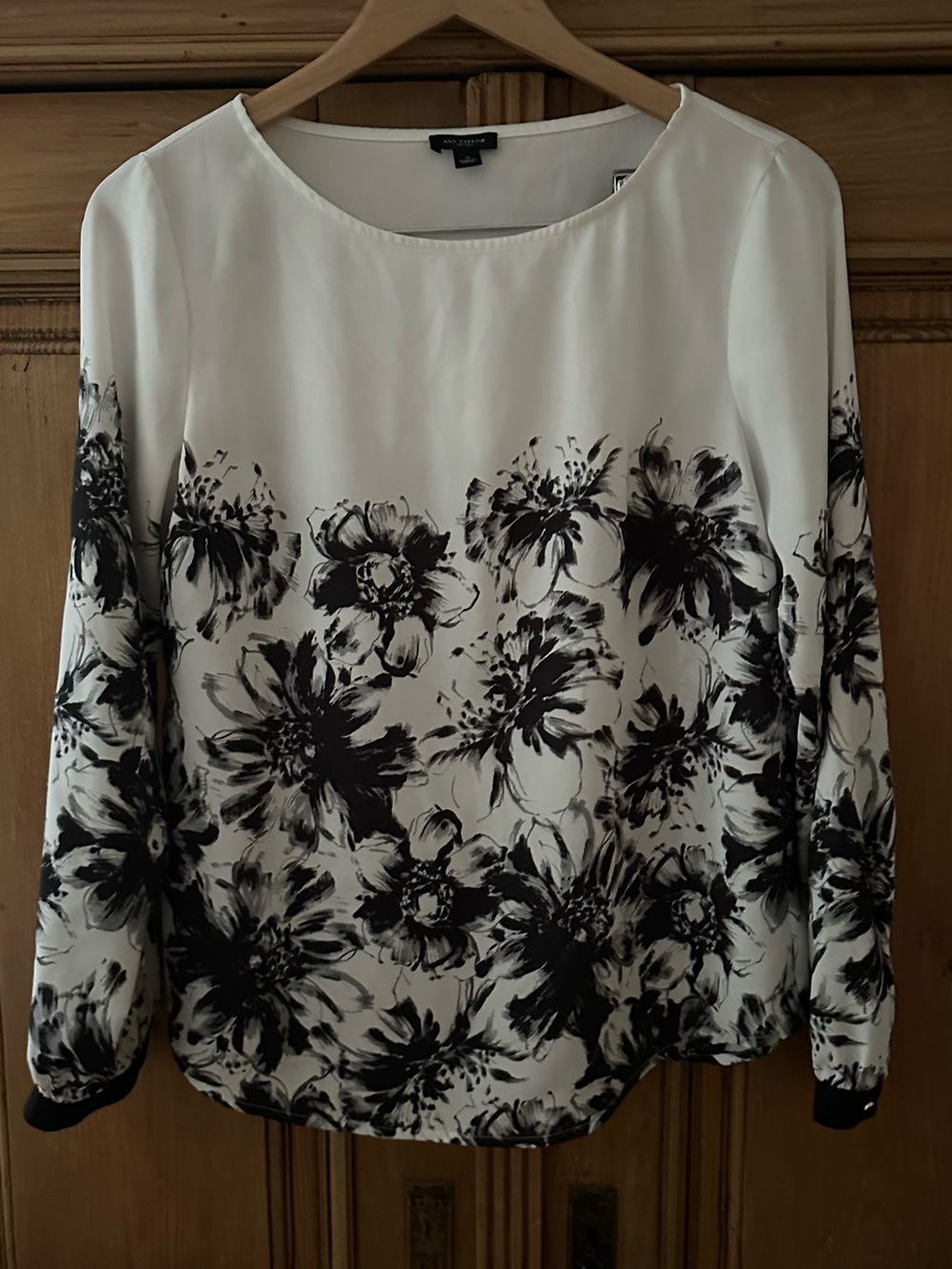 Ann Taylor White Blouse with Black Floral Print